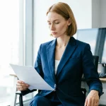 Девушка в офисном костюме сидит в светлом офисе лицом к нам, она изучает документ, на заднем фоне офисный стол, компьютер
