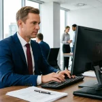 Сотрудник в деловом костюме работает за компьютером в офисе, на столе календарь с датой 4 июля, документы и папки.
