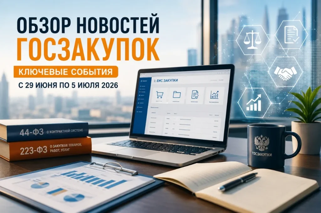 Обзор новостей госзакупок с 29 июня по 5 июля 2026 года. Рабочее место специалиста по закупкам: ноутбук с открытой системой ЕИС Закупки, книги 44-ФЗ и 223-ФЗ о контрактной системе, кружка с надписью Госзакупки, документы с графиками и диаграммами. На фоне панорамные окна офиса с видом на город. Иконки символизируют правовое регулирование, документы, партнерство и рост показателей.