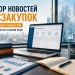 Обзор новостей госзакупок с 29 июня по 5 июля 2026 года. Рабочее место специалиста по закупкам: ноутбук с открытой системой ЕИС Закупки, книги 44-ФЗ и 223-ФЗ о контрактной системе, кружка с надписью Госзакупки, документы с графиками и диаграммами. На фоне панорамные окна офиса с видом на город. Иконки символизируют правовое регулирование, документы, партнерство и рост показателей.
